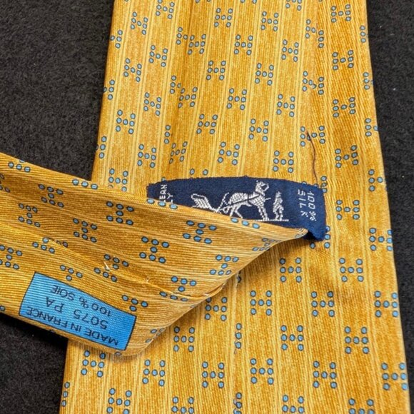 100% REAL HERMES TIE ~ YELLOW w FUN LIGHT BLUE MODERN H CIRCLE DOTS MOSAIC XL - Picture 3 of 5